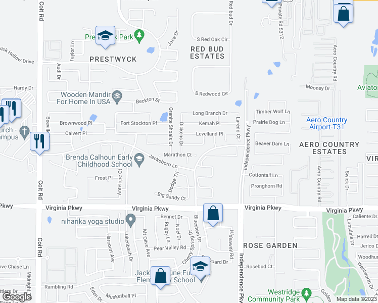 map of restaurants, bars, coffee shops, grocery stores, and more near 10220 Marathon Court in McKinney