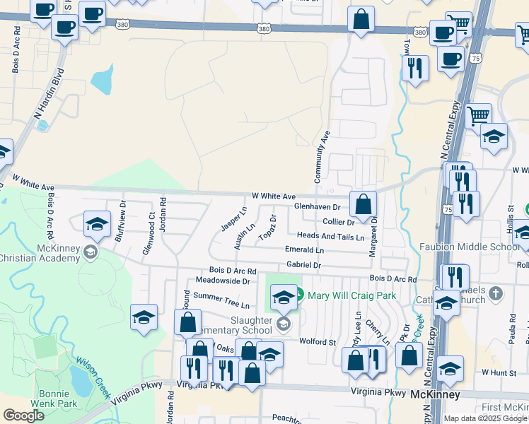 map of restaurants, bars, coffee shops, grocery stores, and more near 912 Austin Lane in McKinney