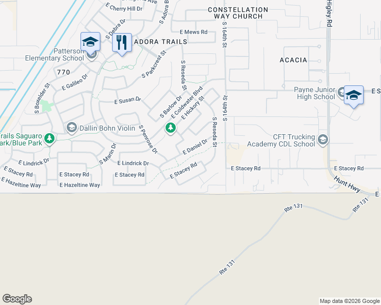 map of restaurants, bars, coffee shops, grocery stores, and more near 2662 East Stacey Road in Gilbert