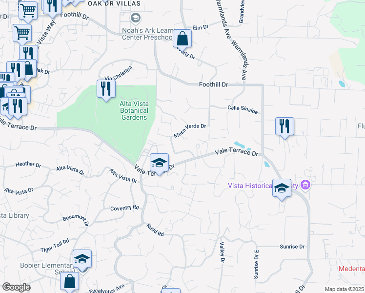 map of restaurants, bars, coffee shops, grocery stores, and more near 103 Alta Mesa Drive in Vista
