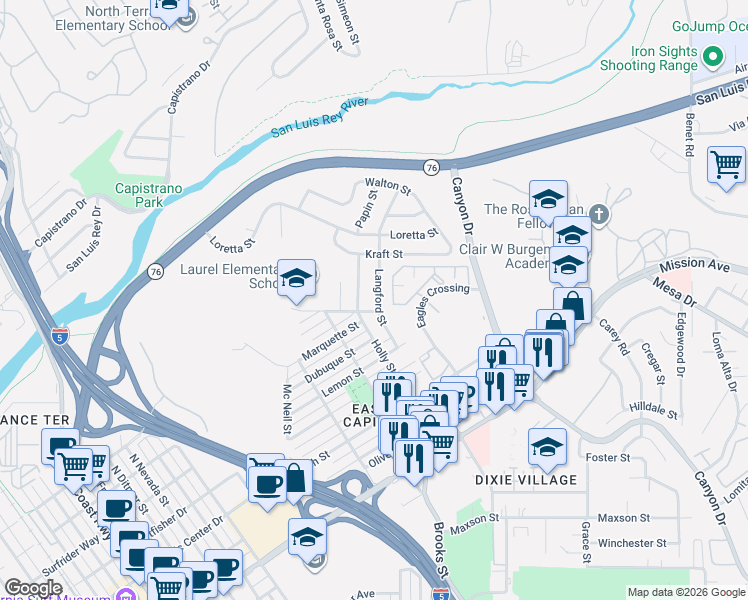 map of restaurants, bars, coffee shops, grocery stores, and more near 912 Langford Street in Oceanside