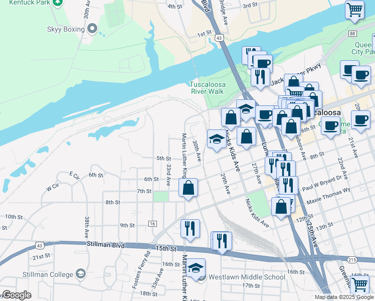 map of restaurants, bars, coffee shops, grocery stores, and more near 482-498 Martin Luther King Junior Boulevard in Tuscaloosa