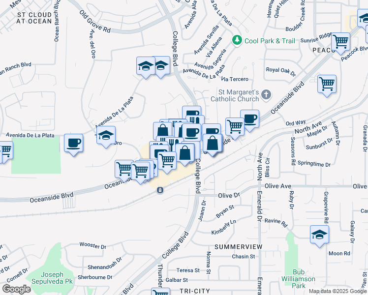 map of restaurants, bars, coffee shops, grocery stores, and more near 4164 Oceanside Boulevard in Oceanside