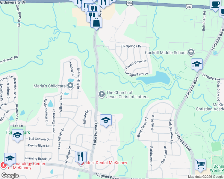 map of restaurants, bars, coffee shops, grocery stores, and more near 899 North Lake Forest Drive in McKinney