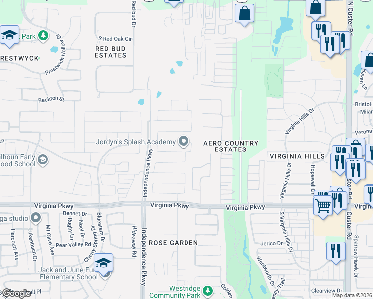 map of restaurants, bars, coffee shops, grocery stores, and more near 9800 Coyote Pass Trail in McKinney