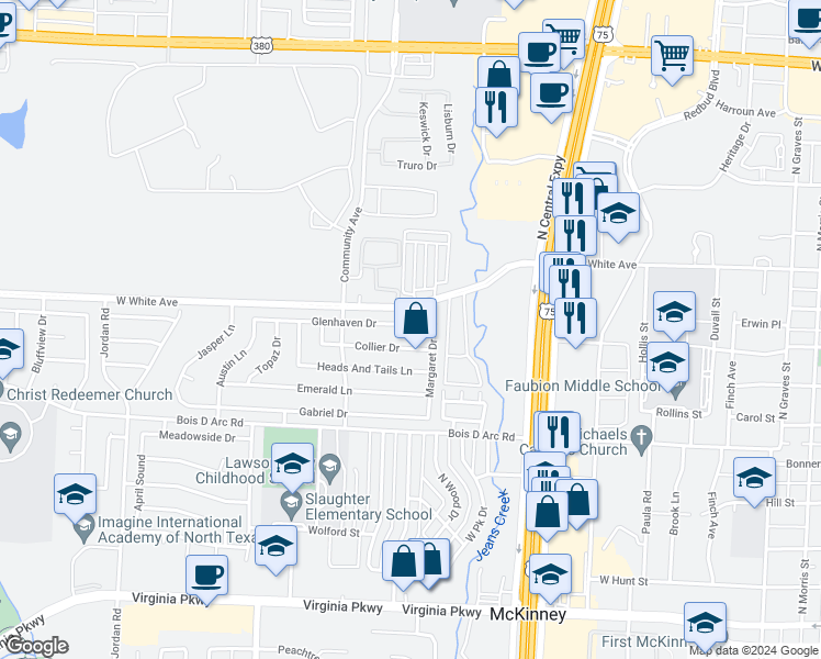 map of restaurants, bars, coffee shops, grocery stores, and more near 2309 Glenhaven Drive in McKinney