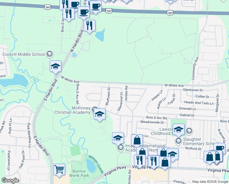 map of restaurants, bars, coffee shops, grocery stores, and more near 3406 Broadview Court in McKinney