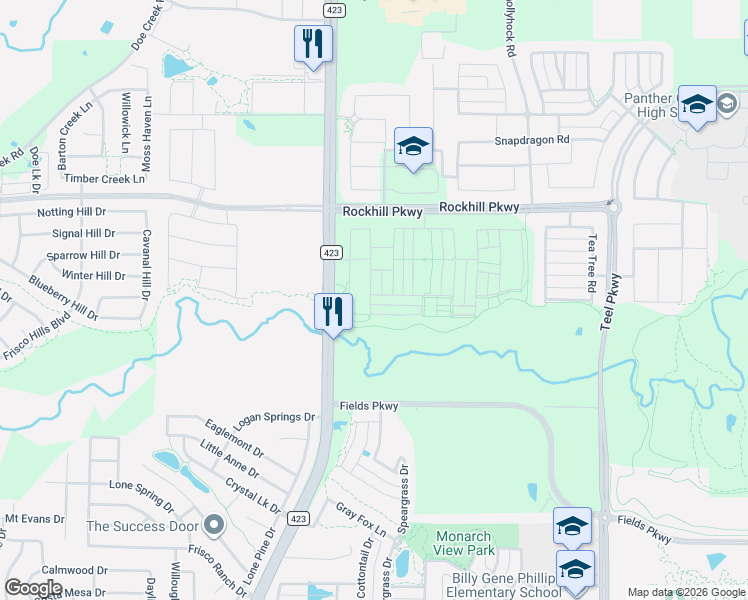 map of restaurants, bars, coffee shops, grocery stores, and more near Farm to Market 423 in Little Elm