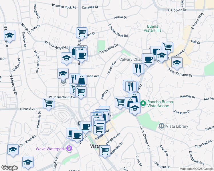 map of restaurants, bars, coffee shops, grocery stores, and more near 472 Palm Drive in Vista