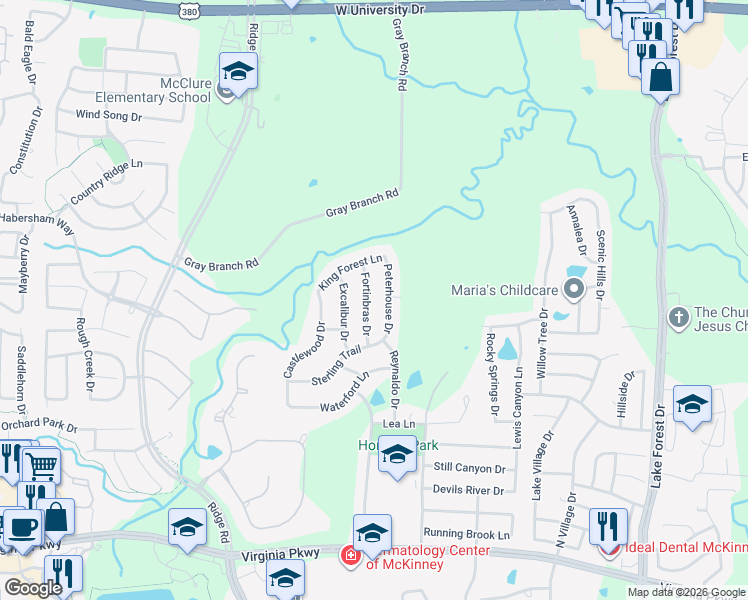 map of restaurants, bars, coffee shops, grocery stores, and more near 601 Peterhouse Drive in McKinney