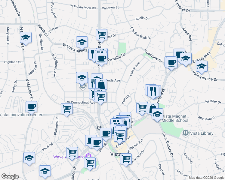 map of restaurants, bars, coffee shops, grocery stores, and more near 528 North Citrus Avenue in Vista