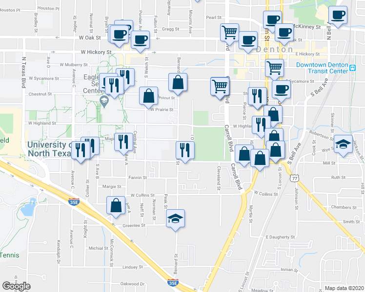 map of restaurants, bars, coffee shops, grocery stores, and more near 805 Bernard Street in Denton