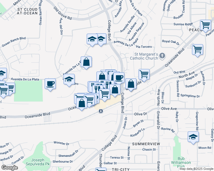 map of restaurants, bars, coffee shops, grocery stores, and more near 4150 Oceanside Boulevard in Oceanside