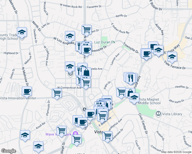 map of restaurants, bars, coffee shops, grocery stores, and more near 528 North Citrus Avenue in Vista