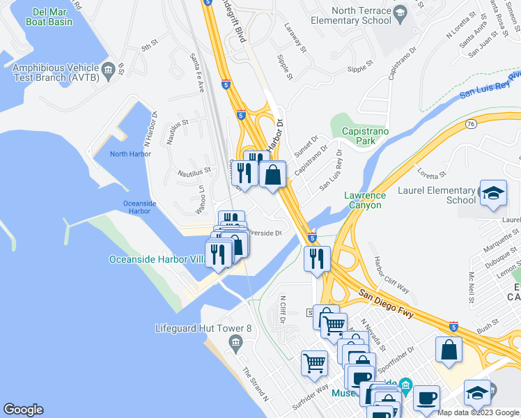 map of restaurants, bars, coffee shops, grocery stores, and more near 1401 Carmelo Drive in Oceanside