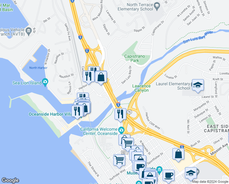 map of restaurants, bars, coffee shops, grocery stores, and more near 501 San Luis Rey Drive in Oceanside