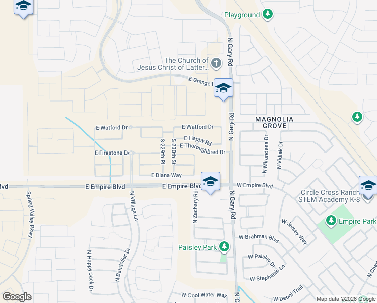 map of restaurants, bars, coffee shops, grocery stores, and more near 23052 East Firestone Drive in Queen Creek