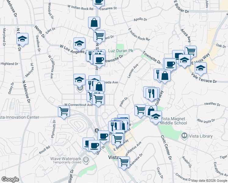 map of restaurants, bars, coffee shops, grocery stores, and more near 215 Nevada Avenue in Vista