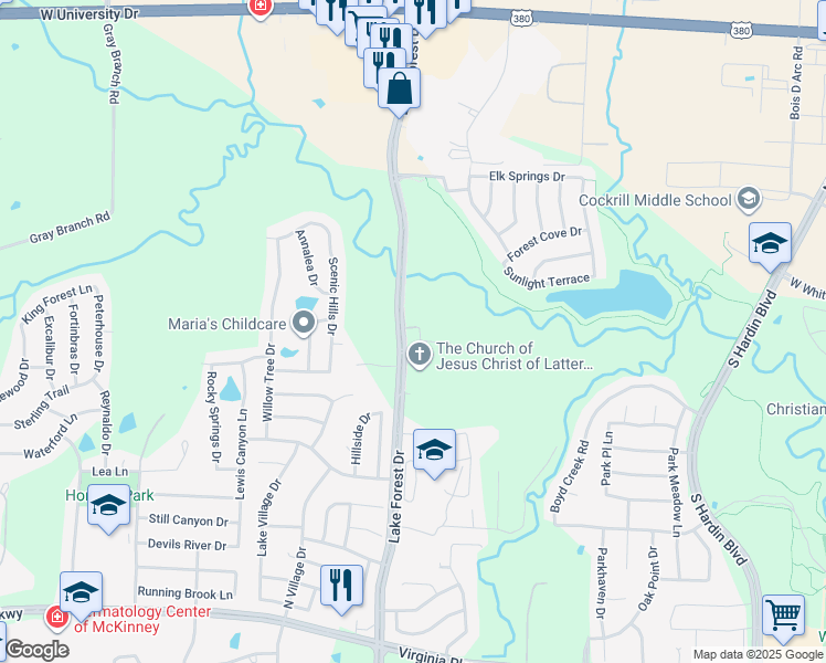 map of restaurants, bars, coffee shops, grocery stores, and more near 1102 Lake Forest Drive in McKinney