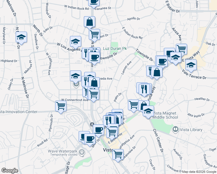 map of restaurants, bars, coffee shops, grocery stores, and more near 215 Nevada Avenue in Vista