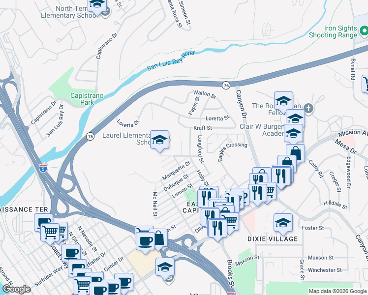 map of restaurants, bars, coffee shops, grocery stores, and more near 1223 Holly Street in Oceanside
