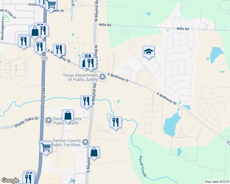 map of restaurants, bars, coffee shops, grocery stores, and more near 4700-5088 East McKinney Street in Denton