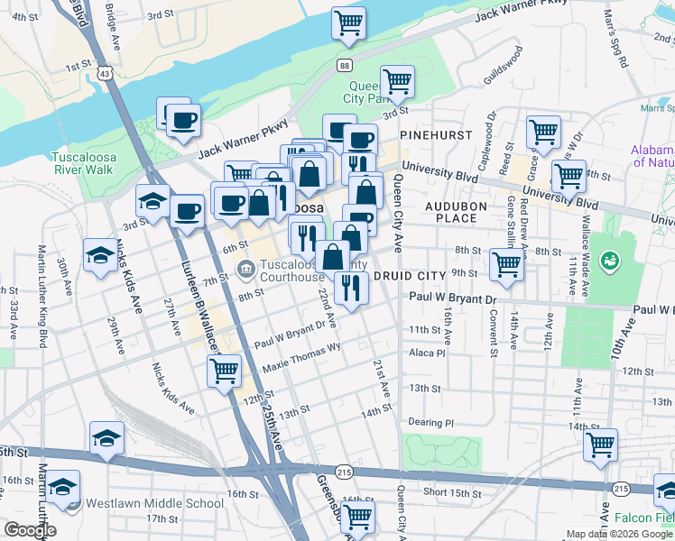 map of restaurants, bars, coffee shops, grocery stores, and more near 701 22nd Avenue in Tuscaloosa