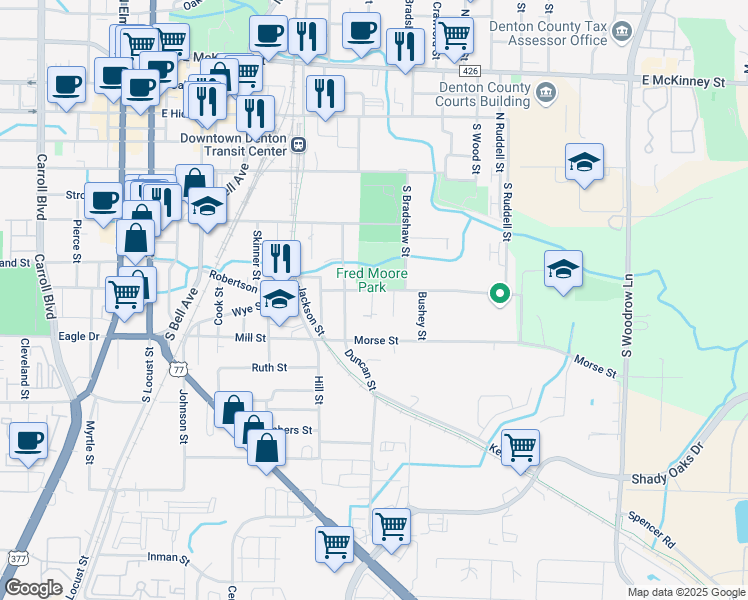 map of restaurants, bars, coffee shops, grocery stores, and more near 707A Bailey Street in Denton
