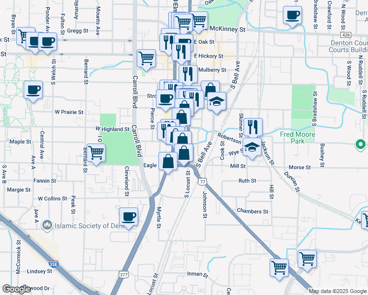 map of restaurants, bars, coffee shops, grocery stores, and more near 619 South Locust Street in Denton