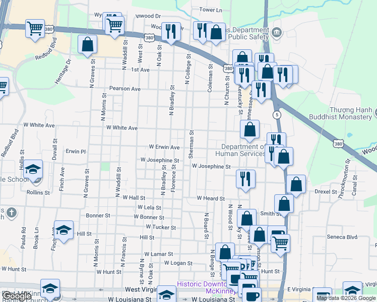 map of restaurants, bars, coffee shops, grocery stores, and more near 1013 Sherman Street in McKinney