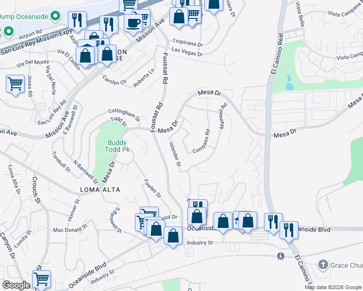 map of restaurants, bars, coffee shops, grocery stores, and more near 460 Compass Road in Oceanside
