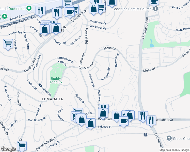 map of restaurants, bars, coffee shops, grocery stores, and more near 460 Compass Road in Oceanside