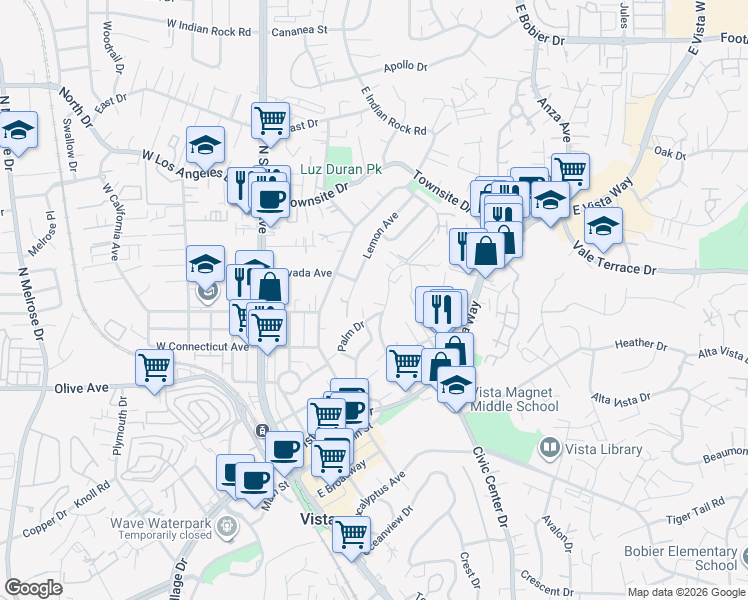 map of restaurants, bars, coffee shops, grocery stores, and more near 634 Hillside Terrace in Vista