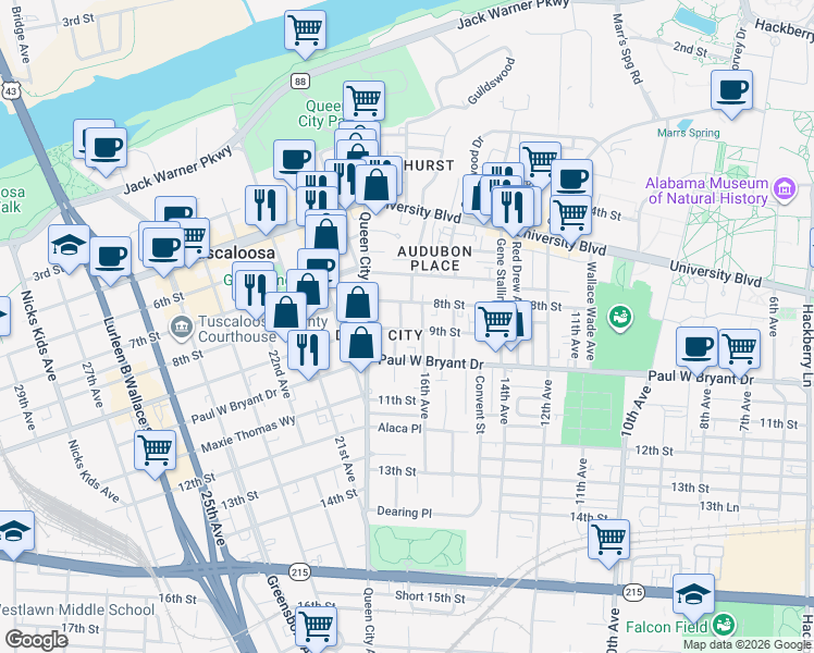 map of restaurants, bars, coffee shops, grocery stores, and more near 810 17th Avenue in Tuscaloosa