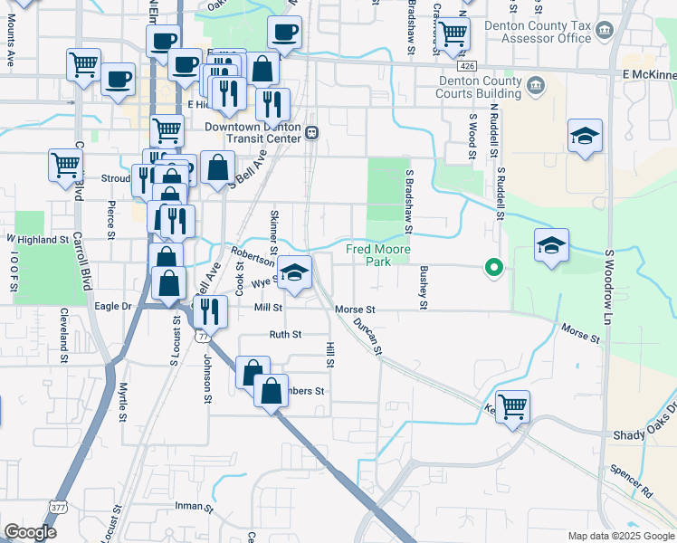 map of restaurants, bars, coffee shops, grocery stores, and more near 605 Wilson Street in Denton