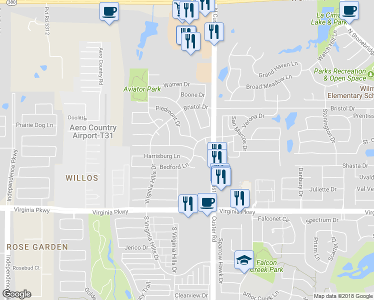 map of restaurants, bars, coffee shops, grocery stores, and more near 9109 Manassas Ridge in McKinney