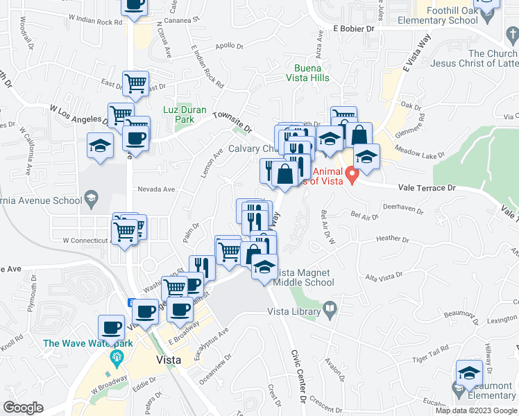 map of restaurants, bars, coffee shops, grocery stores, and more near 720A Franklin Lane in Vista