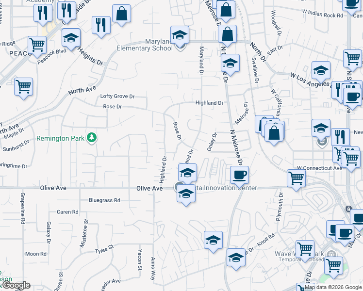 map of restaurants, bars, coffee shops, grocery stores, and more near 913 Rose Drive in Vista