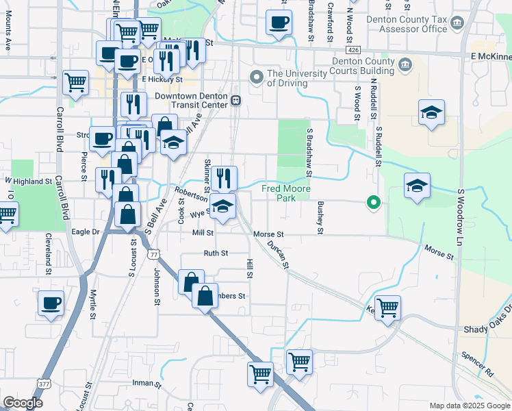map of restaurants, bars, coffee shops, grocery stores, and more near 605 Wilson Street in Denton