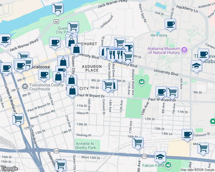 map of restaurants, bars, coffee shops, grocery stores, and more near 805 Gene Stallings Avenue in Tuscaloosa