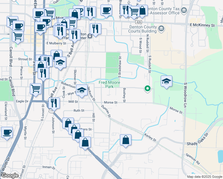 map of restaurants, bars, coffee shops, grocery stores, and more near 701 Bailey Street in Denton