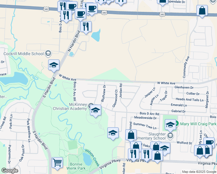 map of restaurants, bars, coffee shops, grocery stores, and more near 3408 Canyon View Court in McKinney