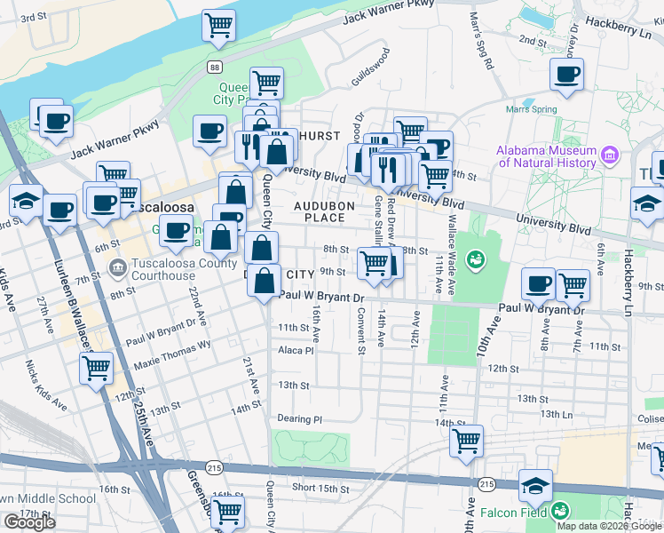 map of restaurants, bars, coffee shops, grocery stores, and more near 1510 9th Street in Tuscaloosa