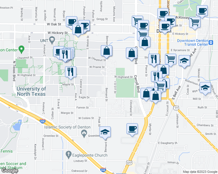 map of restaurants, bars, coffee shops, grocery stores, and more near 707 Bernard Street in Denton