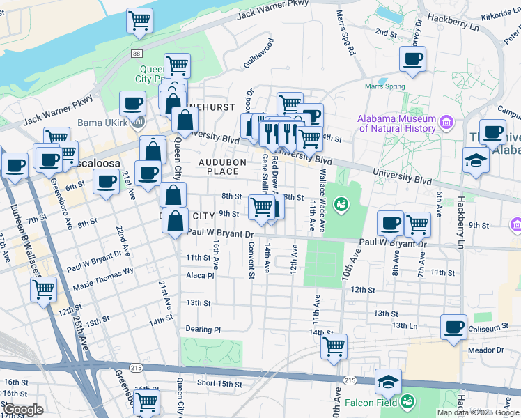 map of restaurants, bars, coffee shops, grocery stores, and more near 808 14th Avenue in Tuscaloosa