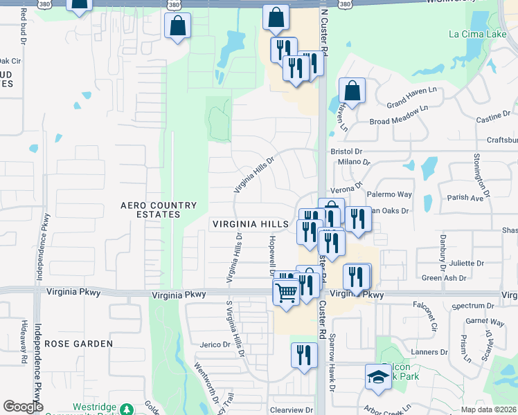 map of restaurants, bars, coffee shops, grocery stores, and more near 9205 Manassas Ridge in McKinney