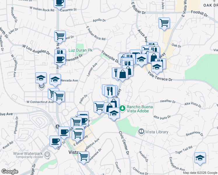 map of restaurants, bars, coffee shops, grocery stores, and more near 731 Franklin Lane in Vista