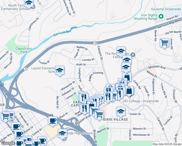 map of restaurants, bars, coffee shops, grocery stores, and more near 525 Lands End Way in Oceanside
