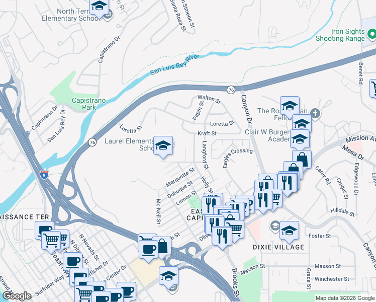 map of restaurants, bars, coffee shops, grocery stores, and more near 1223 Holly Street in Oceanside