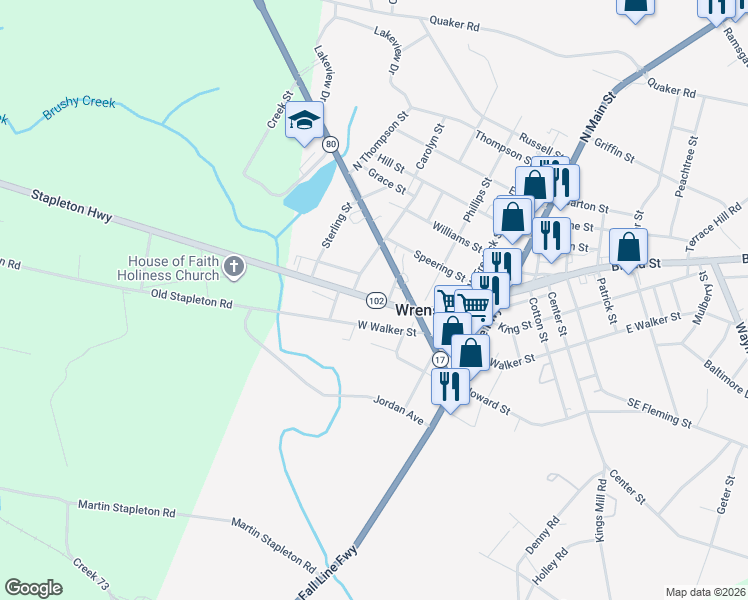 map of restaurants, bars, coffee shops, grocery stores, and more near Georgia 102 in Wrens